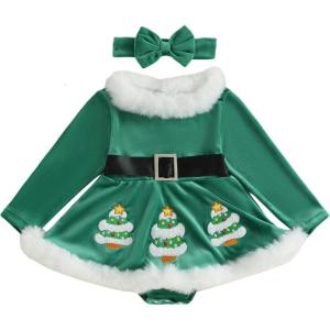 imageKuriozud Newborn Baby Girl Christmas Outfit Long Sleeve Ruffle Romper Jumpsuit with Headband Cute Infant Girl ClothesChristmas Tree Green