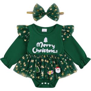 imageKuriozud Newborn Baby Girl Christmas Outfit Long Sleeve Ruffle Romper Jumpsuit with Headband Cute Infant Girl ClothesMerry Christmas Green