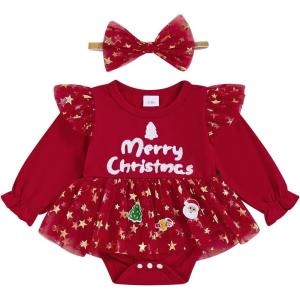 imageKuriozud Newborn Baby Girl Christmas Outfit Long Sleeve Ruffle Romper Jumpsuit with Headband Cute Infant Girl ClothesMerry Christmas Red