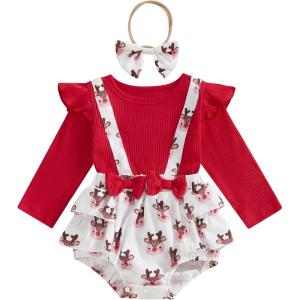 imageKuriozud Newborn Baby Girl Christmas Outfit Long Sleeve Ruffle Romper Jumpsuit with Headband Cute Infant Girl ClothesReindeer White