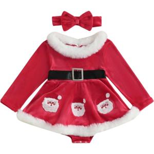 imageKuriozud Newborn Baby Girl Christmas Outfit Long Sleeve Ruffle Romper Jumpsuit with Headband Cute Infant Girl ClothesSanta Red