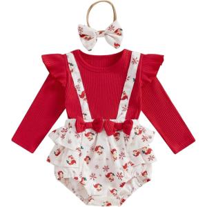 imageKuriozud Newborn Baby Girl Christmas Outfit Long Sleeve Ruffle Romper Jumpsuit with Headband Cute Infant Girl ClothesSanta White