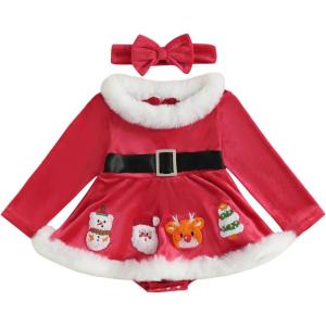 imageKuriozud Newborn Baby Girl Christmas Outfit Long Sleeve Ruffle Romper Jumpsuit with Headband Cute Infant Girl ClothesSnowman Reindeer Santa Tree
