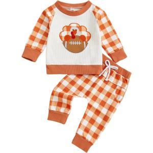 imageKuriozud Toddler Baby Boy Thanksgiving Outfit Little Turkey Shirt Long Sleeve Sweatshirt Pants Set Newborn Boy Fall ClothesFootball Turkey Plaid