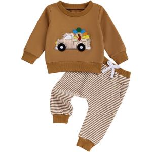 imageKuriozud Toddler Baby Boy Thanksgiving Outfit Little Turkey Shirt Long Sleeve Sweatshirt Pants Set Newborn Boy Fall ClothesTurkey Car Brown