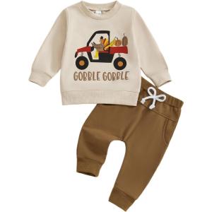imageKuriozud Toddler Baby Boy Thanksgiving Outfit Little Turkey Shirt Long Sleeve Sweatshirt Pants Set Newborn Boy Fall ClothesTurkey Car Gobble Khaki