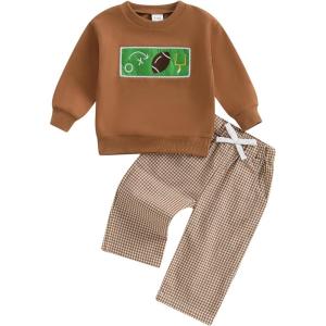 imageKuriozud Toddler Baby Boy Spring Fall Winter Clothes Outfit Embroidery Sweatshirt Tops Pants Set 6 12 18 24Months 2t 3t 4tFootball Coffee