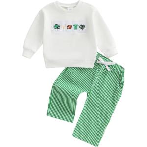 imageKuriozud Toddler Baby Boy Spring Fall Winter Clothes Outfit Embroidery Sweatshirt Tops Pants Set 6 12 18 24Months 2t 3t 4tFootball Green