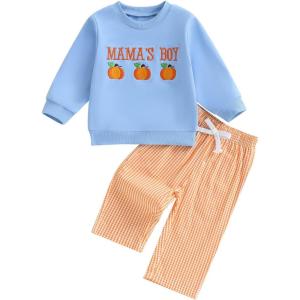 imageKuriozud Toddler Baby Boy Spring Fall Winter Clothes Outfit Embroidery Sweatshirt Tops Pants Set 6 12 18 24Months 2t 3t 4tMamas Boy Blue