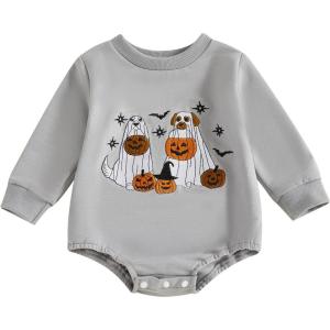 imageKuriozud Newborn Baby Boy Girl Bubble Romper Funny Letter Long Sleeve Oversized Sweater Tops Fall Winter ClothesPumpkin Ghost Grey
