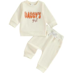 imageKuriozud Toddler Baby Girl Fall Winter Clothes Cute Print Long Sleeve Crewneck Sweatshirt and Jogger Pants Set 2 Piece OutfitDaddys Girl Daisy Beige
