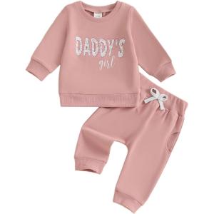 imageKuriozud Toddler Baby Girl Fall Winter Clothes Cute Print Long Sleeve Crewneck Sweatshirt and Jogger Pants Set 2 Piece OutfitDaddys Girl Daisy Pink