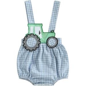 imageKuriozud Baby Boy Tractor Overall Romper Plaid Sleeveless Jumpsuit Cute Infant Boy Farm Outfit Spring Summer ClothesPlaid Blue
