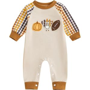 imageKuriozud Newborn Baby Boy Thanksgiving Outfit Little Turkey Romper Long Sleeve Jumpsuit Infant Boy Fall ClothesTurkey Pumpkin Football Plaid