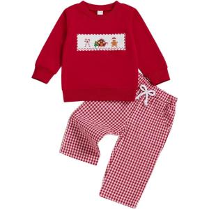 imageKuriozud Toddler Baby Christmas Outfit Car Holiday Tree Long Sleeve Sweatshirt and Plaid Pants 2 Piece SetCandy Cane Gingerbread Red