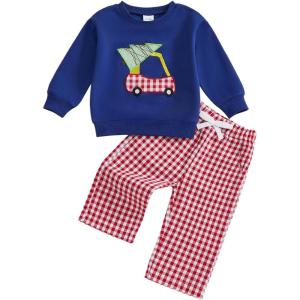 imageKuriozud Toddler Baby Christmas Outfit Car Holiday Tree Long Sleeve Sweatshirt and Plaid Pants 2 Piece SetCar and Tree Navy Blue