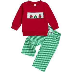 imageKuriozud Toddler Baby Christmas Outfit Car Holiday Tree Long Sleeve Sweatshirt and Plaid Pants 2 Piece SetCar and Tree Red