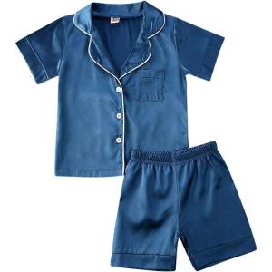 imageKuriozud Toddler Baby Girl Summer Satin Pajamas Kids Summer Pjs Set Short Sleeve Button Down Nightwear Sleepwear 06TSummerblue