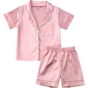 imageKuriozud Toddler Baby Girl Summer Satin Pajamas Kids Summer Pjs Set Short Sleeve Button Down Nightwear Sleepwear 06TSummerpink