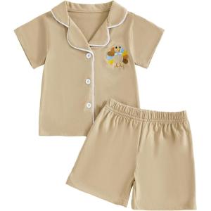 imageKuriozud Toddler Baby Girl Summer Satin Pajamas Kids Summer Pjs Set Short Sleeve Button Down Nightwear Sleepwear 06TTurkeykhaki