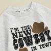 imageKuriozud Baby Boy Western Romper Letter Print Round Neck Long Sleeve Full Length Sweatshirt Jumpsuit for Fall WinterGray