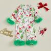 imageKuriozud Baby Girl Christmas Satin Silk Pajamas Button Down Santa Claus Pajamas Jumpsuit Feather Trim Sleeve Nightgown PjsAagreen