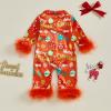 imageKuriozud Baby Girl Christmas Satin Silk Pajamas Button Down Santa Claus Pajamas Jumpsuit Feather Trim Sleeve Nightgown PjsAared
