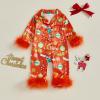 imageKuriozud Baby Girl Christmas Satin Silk Pajamas Button Down Santa Claus Pajamas Jumpsuit Feather Trim Sleeve Nightgown PjsAared