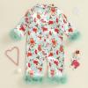 imageKuriozud Baby Girl Christmas Satin Silk Pajamas Button Down Santa Claus Pajamas Jumpsuit Feather Trim Sleeve Nightgown PjsAbeige