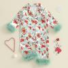 imageKuriozud Baby Girl Christmas Satin Silk Pajamas Button Down Santa Claus Pajamas Jumpsuit Feather Trim Sleeve Nightgown PjsAbeige