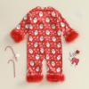 imageKuriozud Baby Girl Christmas Satin Silk Pajamas Button Down Santa Claus Pajamas Jumpsuit Feather Trim Sleeve Nightgown PjsAred