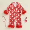 imageKuriozud Baby Girl Christmas Satin Silk Pajamas Button Down Santa Claus Pajamas Jumpsuit Feather Trim Sleeve Nightgown PjsAred