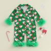 imageKuriozud Baby Girl Christmas Satin Silk Pajamas Button Down Santa Claus Pajamas Jumpsuit Feather Trim Sleeve Nightgown PjsArmy Green