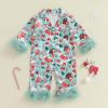 imageKuriozud Baby Girl Christmas Satin Silk Pajamas Button Down Santa Claus Pajamas Jumpsuit Feather Trim Sleeve Nightgown PjsGreen