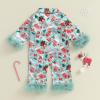 imageKuriozud Baby Girl Christmas Satin Silk Pajamas Button Down Santa Claus Pajamas Jumpsuit Feather Trim Sleeve Nightgown PjsGreen