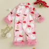 imageKuriozud Baby Girl Christmas Satin Silk Pajamas Button Down Santa Claus Pajamas Jumpsuit Feather Trim Sleeve Nightgown PjsPink