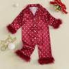 imageKuriozud Baby Girl Christmas Satin Silk Pajamas Button Down Santa Claus Pajamas Jumpsuit Feather Trim Sleeve Nightgown PjsRed