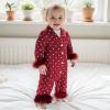 imageKuriozud Baby Girl Christmas Satin Silk Pajamas Button Down Santa Claus Pajamas Jumpsuit Feather Trim Sleeve Nightgown PjsRed