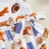 imageKuriozud Newborn Baby Girl Football Outfit Smocked Ruffle Romper Short Sleeve Jumpsuit Cute Baby Girl ClothesEmbroidered Cheetah White