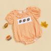 imageKuriozud Newborn Baby Girl Football Outfit Smocked Ruffle Romper Short Sleeve Jumpsuit Cute Baby Girl ClothesPlaid Football Orange