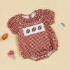 imageKuriozud Newborn Baby Girl Football Outfit Smocked Ruffle Romper Short Sleeve Jumpsuit Cute Baby Girl ClothesPlaid Football Red