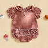 imageKuriozud Newborn Baby Girl Football Outfit Smocked Ruffle Romper Short Sleeve Jumpsuit Cute Baby Girl ClothesPlaid Football Red