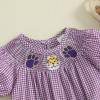 imageKuriozud Newborn Baby Girl Football Outfit Smocked Ruffle Romper Short Sleeve Jumpsuit Cute Baby Girl ClothesPlaid Tiger Purple