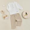 imageKuriozud Toddler Boy Fall Winter Clothes Embroidery Baby Long Sleeve T Shirt Pants Set 6 12 18 24 Months 2T 3T 4T 2PCS OutfitTractor Beige