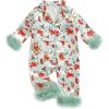 imageKuriozud Baby Girl Christmas Satin Silk Pajamas Button Down Santa Claus Pajamas Jumpsuit Feather Trim Sleeve Nightgown PjsAbeige