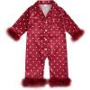 imageKuriozud Baby Girl Christmas Satin Silk Pajamas Button Down Santa Claus Pajamas Jumpsuit Feather Trim Sleeve Nightgown PjsRed