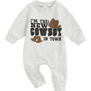 imageKuriozud Baby Boy Western Romper Letter Print Round Neck Long Sleeve Full Length Sweatshirt Jumpsuit for Fall WinterGray