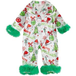imageKuriozud Baby Girl Christmas Satin Silk Pajamas Button Down Santa Claus Pajamas Jumpsuit Feather Trim Sleeve Nightgown PjsAagreen