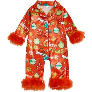 imageKuriozud Baby Girl Christmas Satin Silk Pajamas Button Down Santa Claus Pajamas Jumpsuit Feather Trim Sleeve Nightgown PjsAared