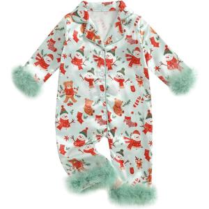 imageKuriozud Baby Girl Christmas Satin Silk Pajamas Button Down Santa Claus Pajamas Jumpsuit Feather Trim Sleeve Nightgown PjsAbeige
